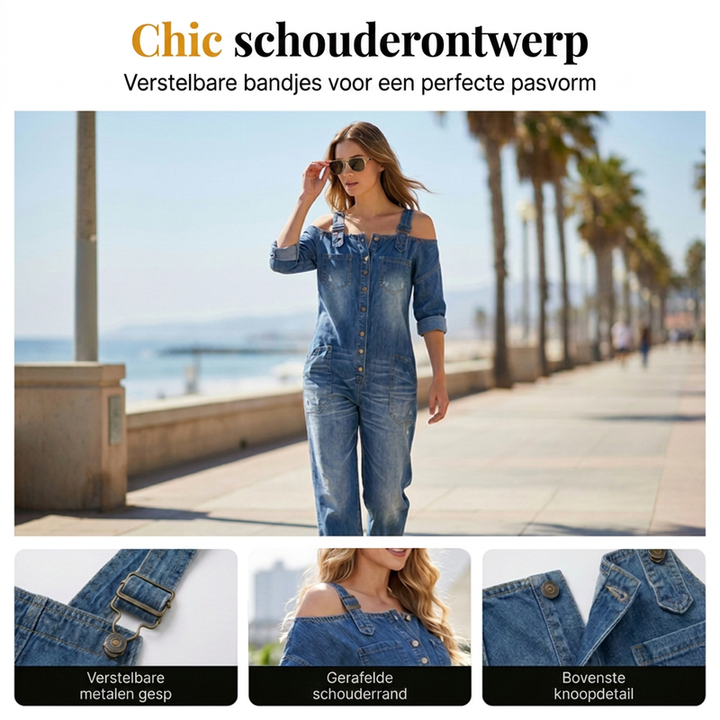 🔥Jumpsuit met open schouders, wijde pijpen en zakken