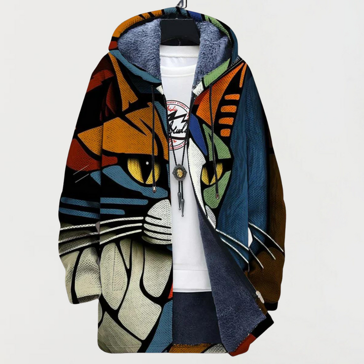 Abstract Cat Print Hooded Cardigan