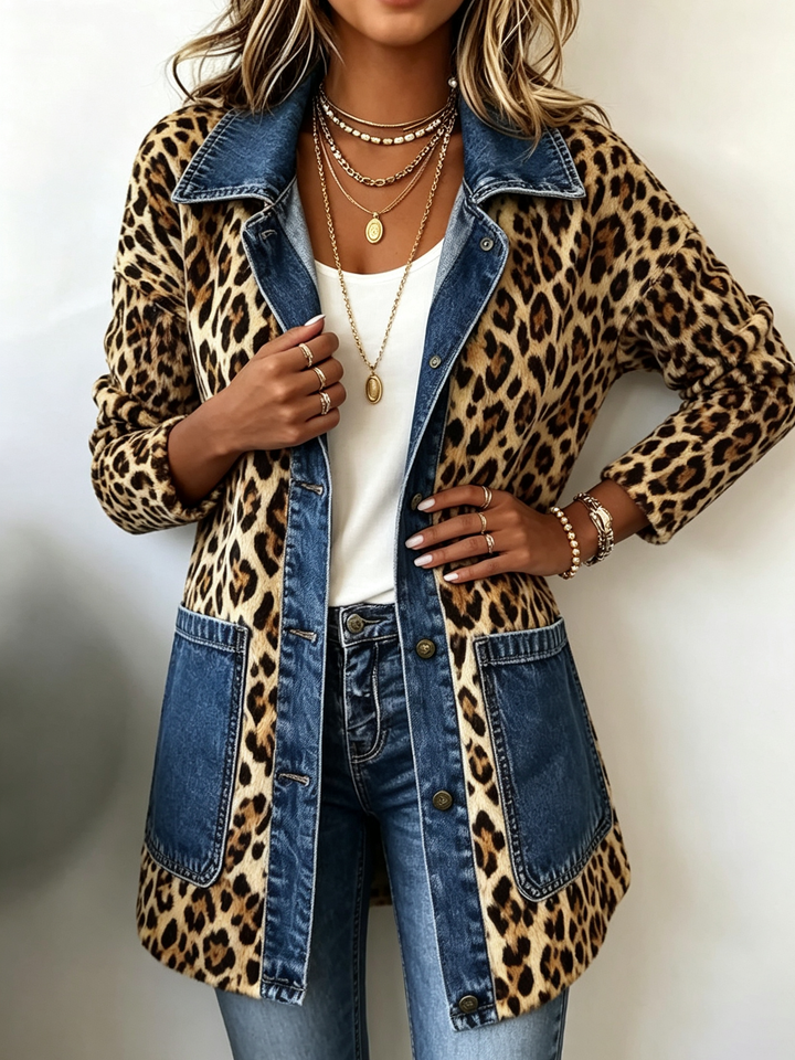 Nora | Leopard Print Contrast Denim Jacket