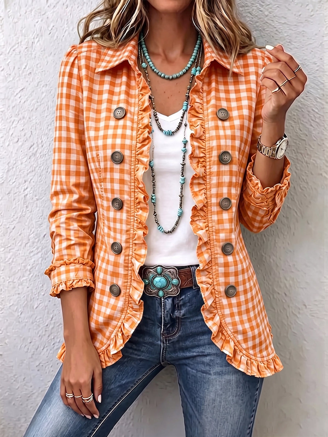 Evelyn | Checked Ruffle Button Jacket