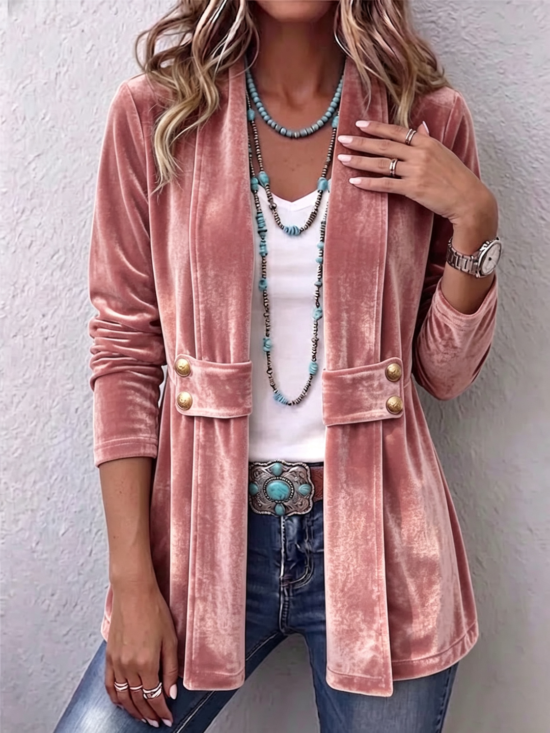 Avery | Vintage Button-Accent Long Sleeve Open-Front Jacket