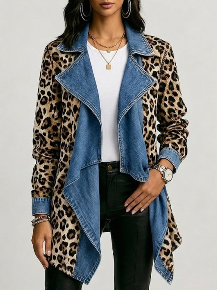 Victoria | Mid-Length Leopard Print Distressed Denim Jacket