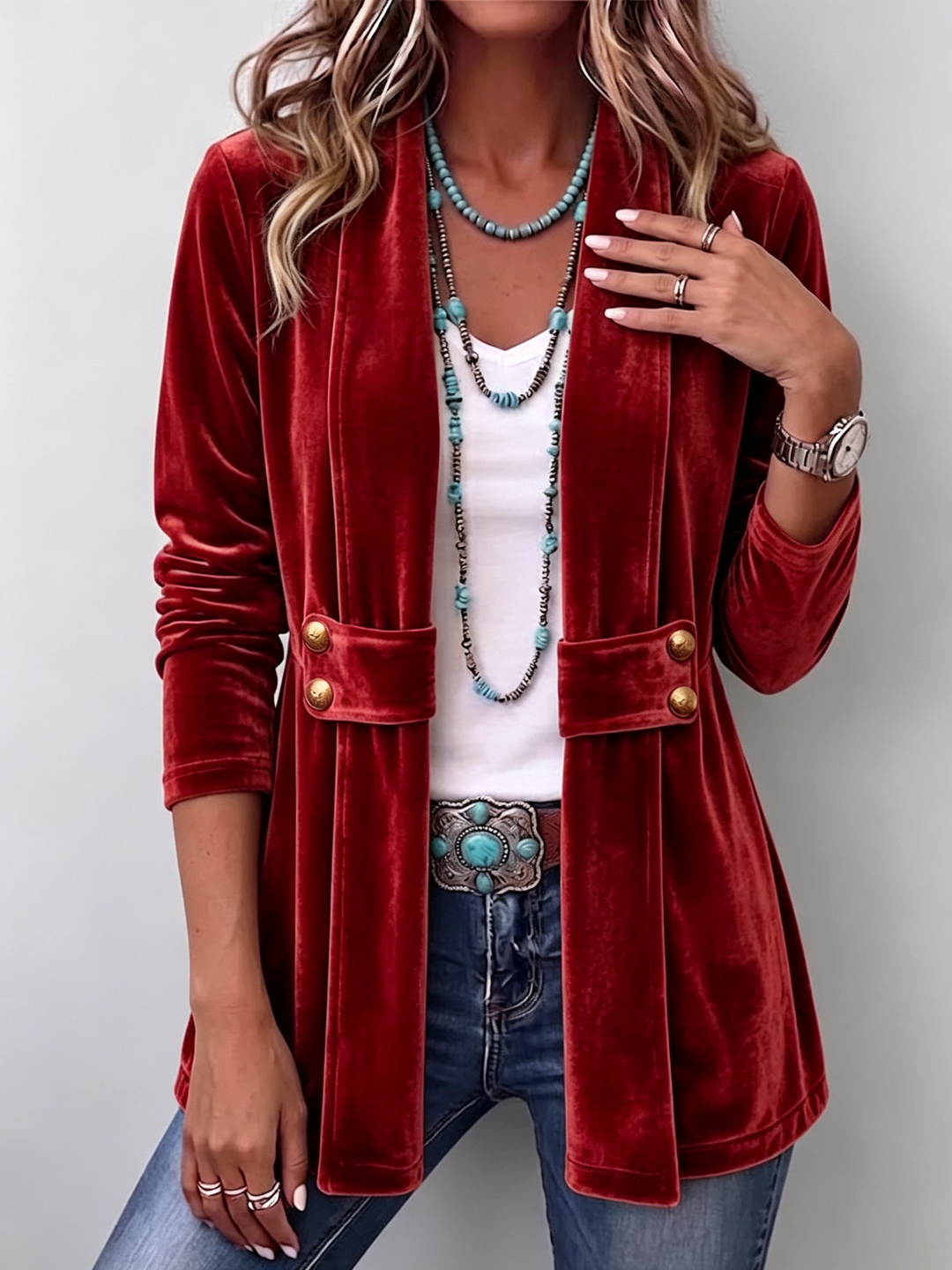 Avery | Vintage Button-Accent Long Sleeve Open-Front Jacket