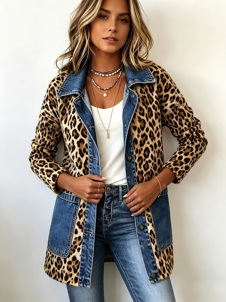Nora | Leopard Print Contrast Denim Jacket