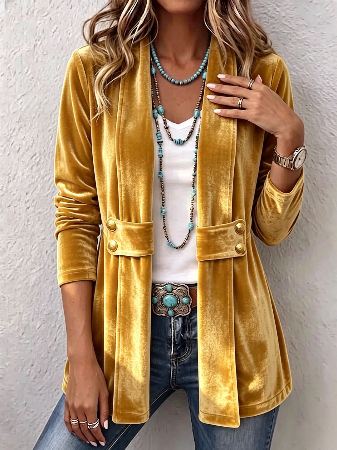 Avery | Vintage Button-Accent Long Sleeve Open-Front Jacket