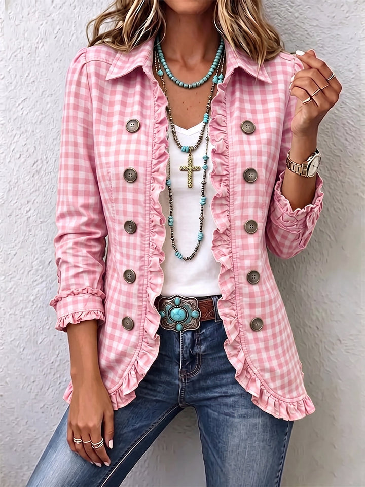 Evelyn | Checked Ruffle Button Jacket