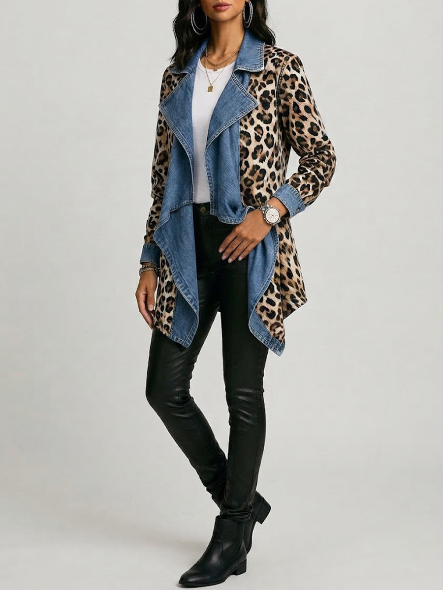 Victoria | Mid-Length Leopard Print Distressed Denim Jacket