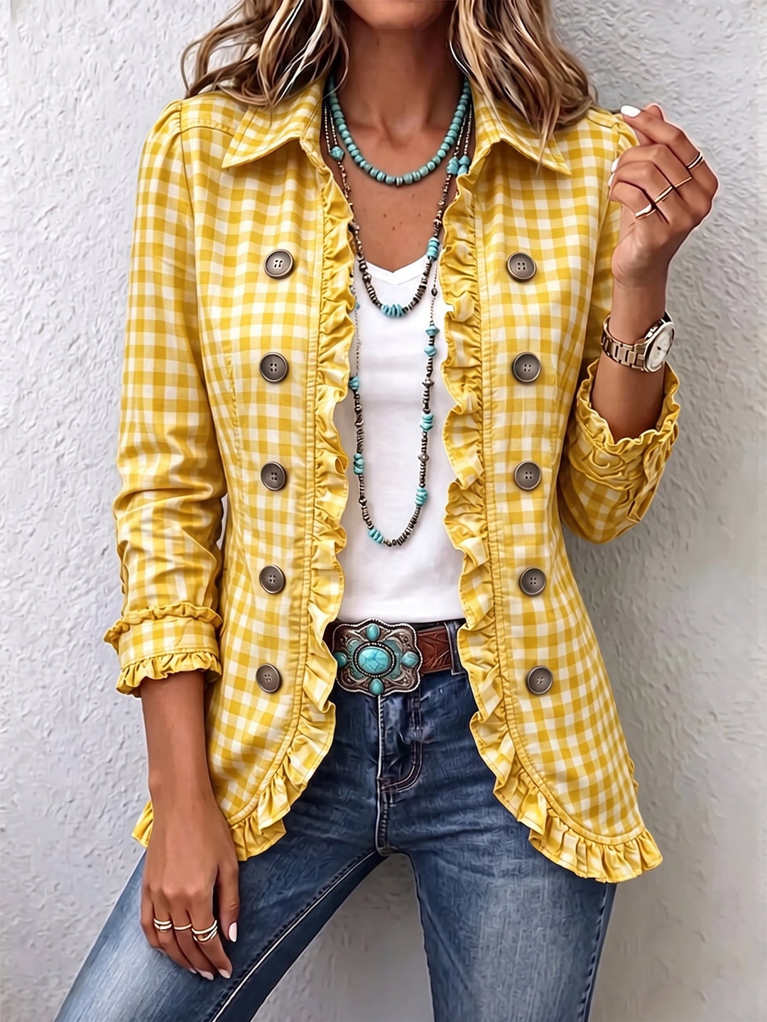 Evelyn | Checked Ruffle Button Jacket