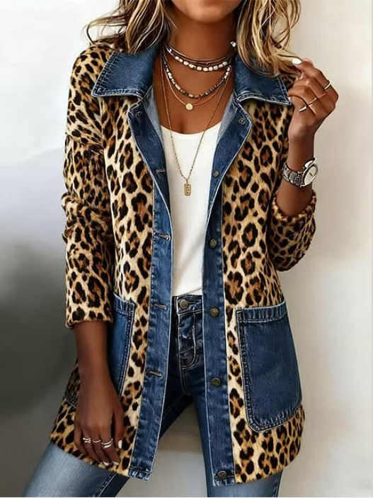 Nora | Leopard Print Contrast Denim Jacket