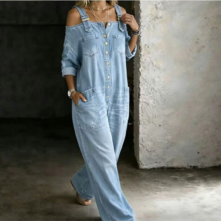 🔥Jumpsuit met open schouders, wijde pijpen en zakken